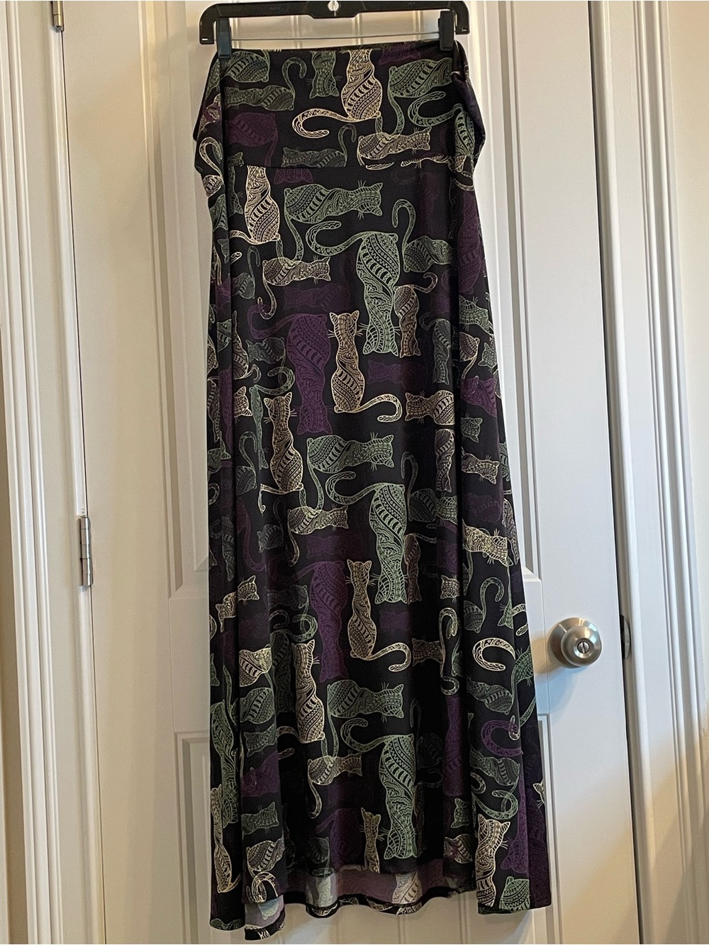 LuLaRoe Black “Maxi” skirt with Purple, Green & Cream Cat Print